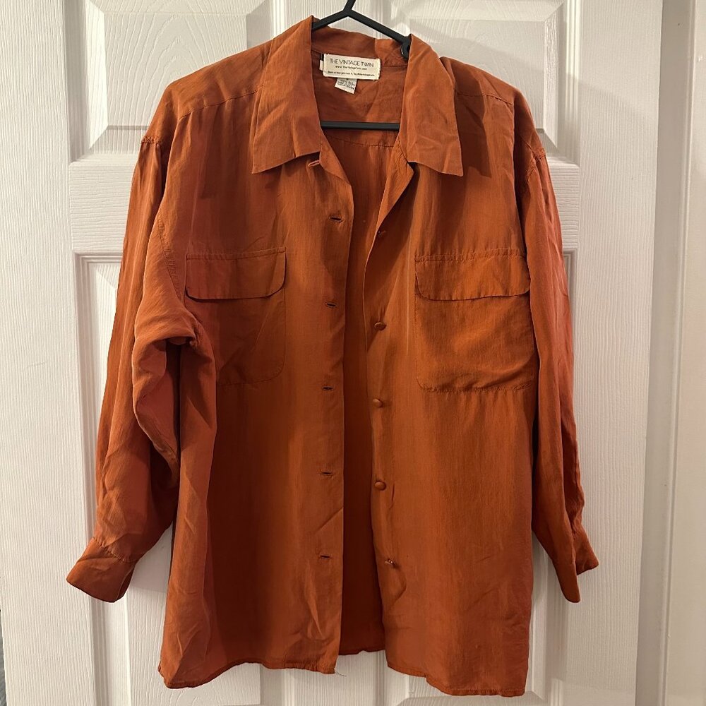 Vintage 100% silk brown button up blouse